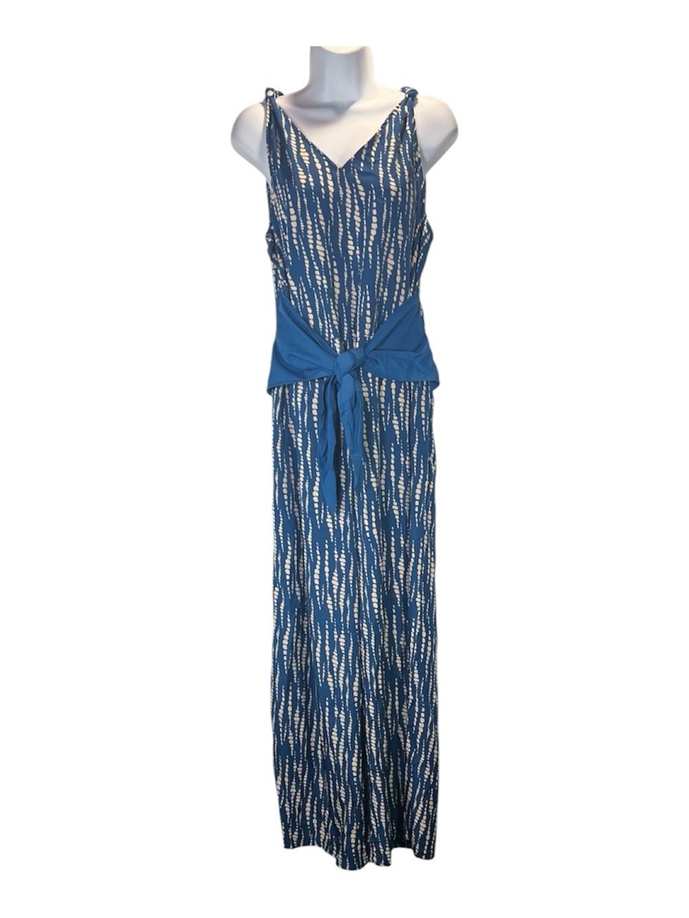 NWOT Boho Printed Wide Leg Jumpsuit Blue White Tie Waist V-Neck Maxi Size Large